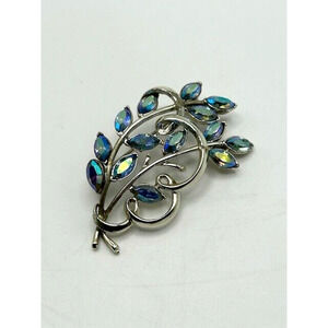 Vintage Coro Flower Blue‎ Rhinestone Pin Brooch Aurora Borealis